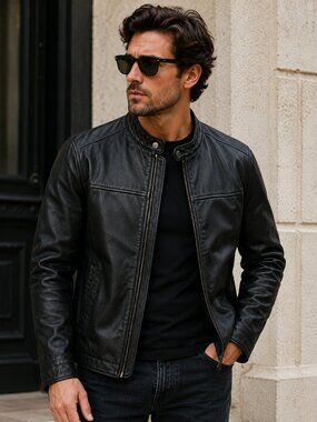 Dockers Black Leather Cafe Racer Jacket Mens Large Motorcycle Biker Coat